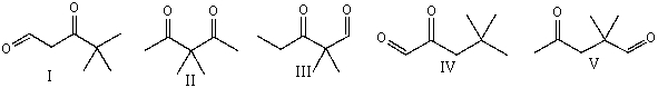 Which of the following compounds will display only two singlets in its <sup>1</sup>H NMR spectrum?   A)  I B)  II C)  III D)  IV E)  V