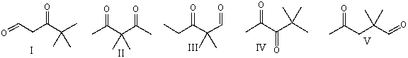 Which of the following compounds will display only three singlets in its <sup>1</sup>H NMR spectrum?   A)  I B)  II C)  III D)  IV E)  V