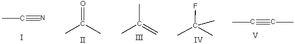 Which of the following carbon atoms will display the signal most downfield in the <sup>1</sup><sup>3</sup>C NMR spectrum?   A)  I B)  II C)  III D)  IV E)  none of these