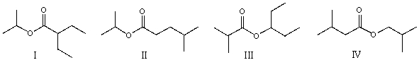 Which of the following compounds with molecular formula C<sub>9</sub>H<sub>18</sub>O<sub>2</sub>, is consistent with the <sup>1</sup>H NMR and <sup>13</sup>C NMR spectra shown below? SHAPE \* MERGEFORMAT       A)  I B)  II C)  III D)  IV E)  None of these