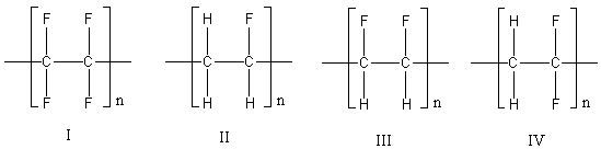 Which one of the following is the correct structure for poly(vinylidine fluoride) ?   A) I B) II C) III D) IV E) none of these