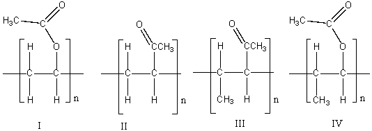 Which one of the following is the correct structure for poly(vinyl acetate) ?   A) I B) II C) III D) IV E) none of these