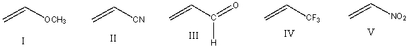 Which of the following monomers would be most reactive towards cationic polymerization?   A) I B) II C) III D) IV E) V