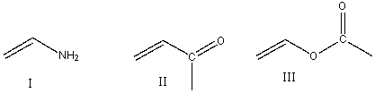 Arrange the following monomers in decreasing order of reactivity towards anionic polymerization?   A) I>III>II B) II>I>III C) III>II>I D) II>III>I E) III>I>II