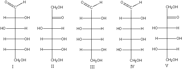 Which of the following is (are) L-aldohexose(s) ?   A) I B) II C) III D) IV E) V