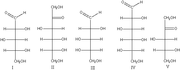 Which of the following is (are) D-aldopentose(s) ?   A) I B) II C) III D) IV E) I & V