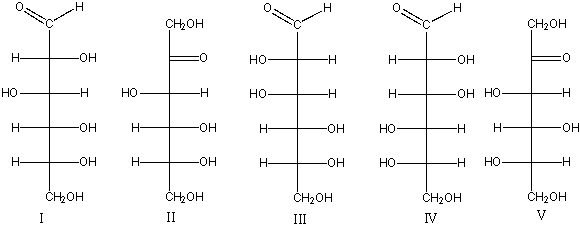 Which one of the following is the correct structure for L-fructose?   A) I B) II C) III D) IV E) V