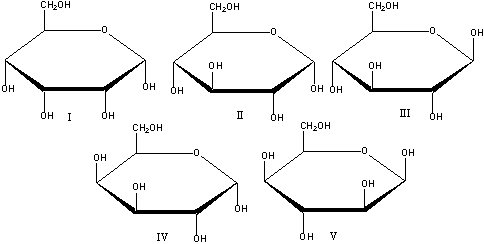  What is the correct Haworth projection for  \alpha -D-glucopyranose?   A) I B) II C) III D) IV E) V 