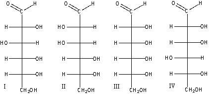 Which of the following D-aldoses will produce an optically inactive product when treated with NaBH<sub>4</sub>/H<sub>2</sub>O?   A) I B) II C) III D) IV E) none of these