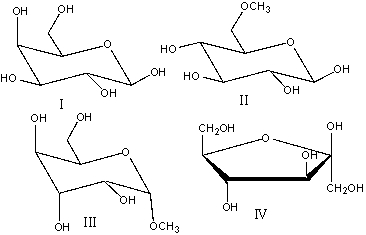 Which one of the following compounds is a non reducing sugar?   A) I B) II C) III D) IV E) none of these