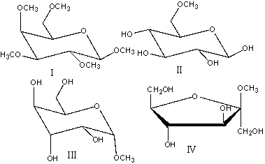 Which one of the following compounds would give a positive test with Benedict's solution?   A) I B) II C) III D) IV E) none of these