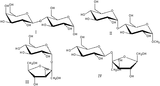 Which of the following disaccharides is a reducing sugar?   A) I B) II C) III D) IV E) none of these
