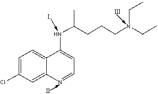 Chloroquine is used as an antimalarial drug.Rank the three nitrogen atoms in decreasing (strongest to weakest) order of basicity.   A) III>I>II B) I>III>II C) I>IV>III>II D) I>III>II>IV E) III>II>I