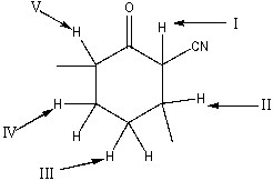 Which is the most acidic hydrogen in the following compound?   A) I B) II C) III D) IV E) V