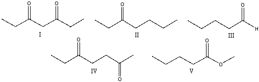 Which one of the following compounds would favor the enol tautomer over the ketone tautomer?   A) I B) II C) III D) IV E) V