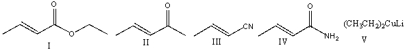 Which one of the following nucleophiles will undergo conjugate addition in Michael reaction?   A) I B) II C) III D) IV E) V