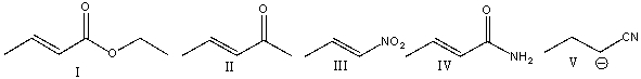 Which one of the following is the most reactive Michael acceptor?   A) I B) II C) III D) IV E) V