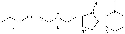 Which of the following amines will form an enamine with aldehydes and ketones?   A) I B) II C) III D) IV E) II & III