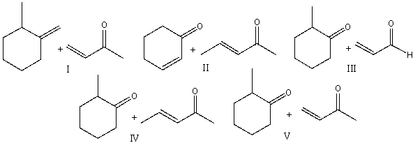 Provide the reactants necessary to prepare the following compound using Robinson annulation.     A) I B) II C) III D) IV E) V