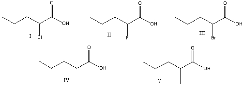 Rank the following acids in decreasing (strongest to weakest) order of acidity.   A) V>III>I>II>IV B) .II>I>III>V>IV C) IV>III>I>II>V D) .IV>V>III>I>II E) V>I>III>II>IV