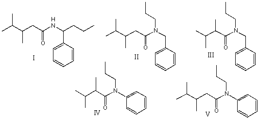 Provide the structure for N-phenyl-N-propyl-2,3-dimethylbutanamide?   A) I B) II C) III D) IV E) V