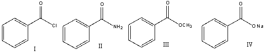 Rank the following carboxylic acid derivatives in decreasing order (most to least) of reactivity towards nucleophilic substitution.   A) I>IV>III>II B) II>III>IV>I C) I>III>II>IV D) III>IV>II>I E) IV>I>III>II