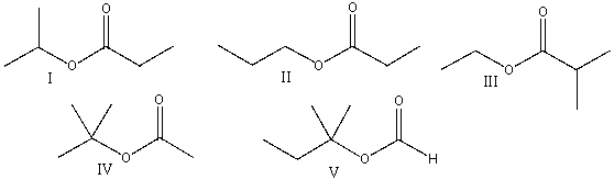  A compound with molecular formula C<sub>6</sub>H<sub>12</sub>O<sub>2</sub> exhibits two singlet in its <sup>1</sup>HNMR spectrum,at  \delta 1.4 (I=9) and  \delta 2.0 (I=3) .Its IR spectrum shows a strong absorption band near 1740 cm<sup>-1</sup>.What is the structure for this compound?   A) I B) II C) III D) IV E) V 