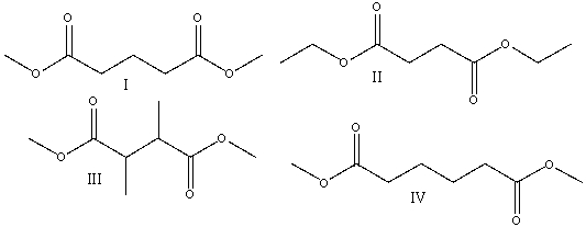  A compound with molecular formula C<sub>8</sub>H<sub>14</sub>O<sub>4</sub> exhibits a triplet at  \delta 1.3 (I=6) ,a singlet at  \delta 2.6 (I=4) and a quartet at  \delta 4.2 (I=4) in its <sup>1</sup>HNMR spectrum.Its IR spectrum shows a strong absorption band near 1740 cm<sup>-1</sup>.What is the structure for this compound?   A) I B) II C) III D) IV E) none of these 