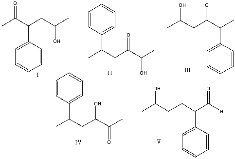 What is the structure for 5-hydroxy-2-phenyl-3-hexanone?   A) I B) II C) III D) IV E) V