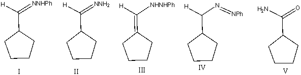 Predict the product,when cyclopentanecarbaldehyde reacts with phenylhydrazine in presence of acid catalyst.   A) I B) II C) III D) IV E) V