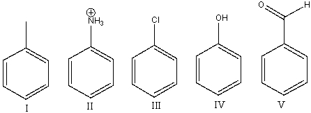 Arrange the following compounds in order of decreasing reactivity towards electrophilic aromatic substitution:   A) V>II>I>III>IV B) II>V>III>I>IV C) IV>I>III>V>II D) III>II>I>IV>V E) IV>V>II>I>III