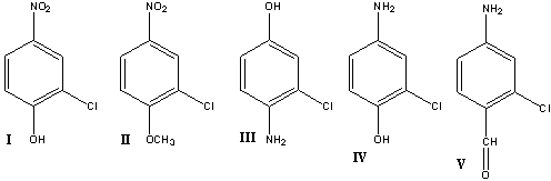 What is the correct structure for 4-amino-2-chlorophenol?   A) I B) II C) III D) IV E) V