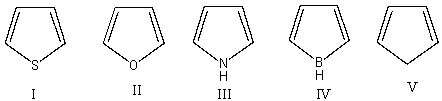 Which one of the following compounds is antiaromatic?   A) I B) II C) III D) IV E) V