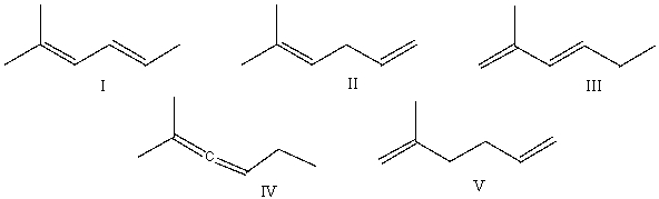 Which one of the following dienes will have the least heat of hydrogenation?   A) I B) II C) III D) IV E) V