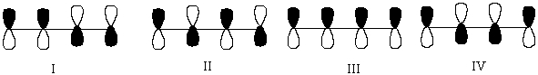 Which one of the following represents the lowest energy   \pi -bonding molecular orbital of 1,3-butadiene?   A) I B) II C) III D) IV 