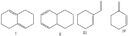 Which of the following diene(s) can not undergo the Diels-Alder reaction?   A) I B) II C) III D) IV E) I & IV