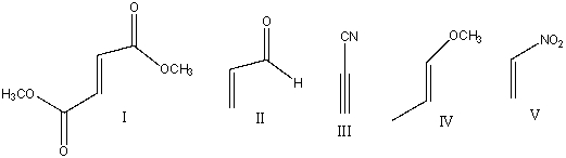 Which one of the following dienophiles is least reactive in the Diels-Alder reaction?   A) I B) II C) III D) IV E) V