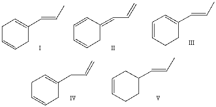  Which of the following compound(s) have the longest  \lambda <sub>max</sub>?   A) I B) II C) III D) IV E) V 
