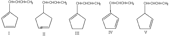  Which of the following compound(s) have the longest  \lambda <sub>max</sub>?   A) I B) II C) III D) IV E) V 