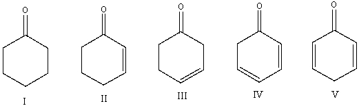 Which one of the following compounds will have the lowest wavenumber for carbonyl absorption?   A) I B) II C) III D) IV E) V