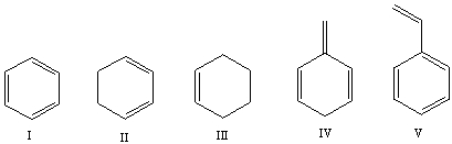 Which one of the following compounds will have the highest wavenumber for C=C absorption?   A) I B) II C) III D) IV E) V