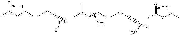 Arrange the indicated bonds in decreasing (highest to lowest) order of wavenumber.   A) I>V>II>IV>III B) IV>II>I>V>III C) II>I>V>III>IV D) IV>I>V>II>III E) IV>II>V>I>III