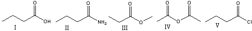 Which of the following compounds will have two absorptions at 1820 cm<sup>-1</sup> and 1740cm<sup>-1</sup>?   A) I B) II C) III D) IV E) V