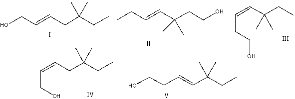 What is the correct structure for (E) -5,5-dimethyl-3-hepten-1-ol?   A) I B) II C) III D) IV E) V