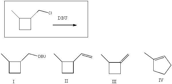 Predict the major product(s) obtained from the following reaction:   A) I B) II C) III D) IV E) II and IV