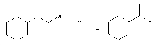  Which sequence of reagents will accomplish the following transformation?   A) 1) KOtBu;2) HBr B) 1) NaOEt;2) HBr,ROOR C) 1) H<sub>2</sub>SO<sub>4</sub>,heat;2) Br<sub>2</sub>,h \nu  D) 1) NaOEt;2) HBr E) both A and D work 
