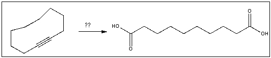 Predict the reagent(s) required to complete the following reaction:   A) NaNH<sub>2</sub> B) 1) O<sub>3</sub>;2) H<sub>2</sub>O C) KMnO<sub>4</sub> D) 1) BH<sub>3</sub>-THF;2) H<sub>2</sub>O<sub>2</sub>,NaOH E) H<sub>2</sub>SO<sub>4</sub>,H<sub>2</sub>O