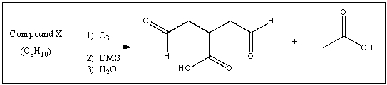 Compound X has molecular formula C<sub>8</sub>H<sub>10</sub>.Reaction of Compound X with excess ozone,followed by reaction with dimethyl sulfide and finally rinsing with water produces only the compounds shown below.Draw a possibility for Compound X that is consistent with these results.  