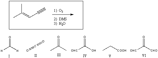 Predict the products of the following reaction:   A) I,III,and IV B) II,III,and IV C) I,III,and V D) II,IV,and VI E) III and IV
