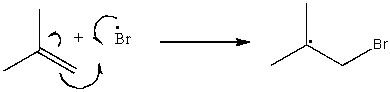   Br adds to the least substituted end of the double bond because the resulting radical (3˚)is more stable than the alternative (1˚ if Br adds to the central C).